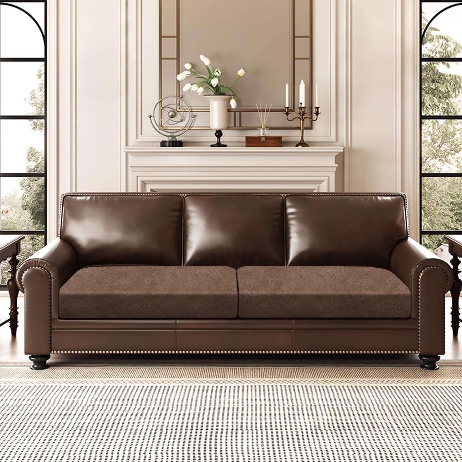 ANARACHON Leather Look Couch Cushion Covers Sofa Seat Slipcovers Sets Couches Furniture Protector for Sectional Armchair Loveseat Pets Kids Stretch Spandex Fabric (2 Cushion Sofa, Brown)