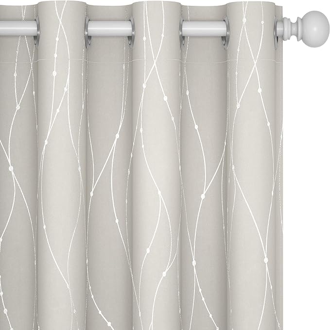 Deconovo Beige Curtains for Living Room, Light Darkening Soundproof Drapes with Wave Dots Silver Print, Farmhouse Boho Curtain, 52 x 84 Inch Long, Set of 2 Window Panels for Bedroom Office Nursery