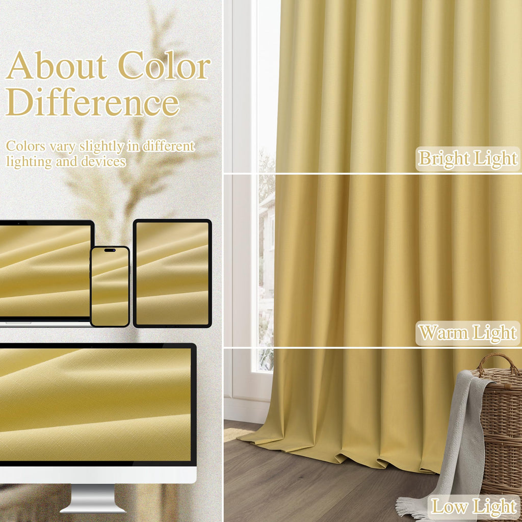 Guken Yellow 100% Blackout Linen Curtains 96 Inch Length 2 Panels Set for Living Room Bedroom Back Tab/Rod Pocket Thermal Insulated Black Out Drapes Room Darkening Window Curtains 96 Inches Long