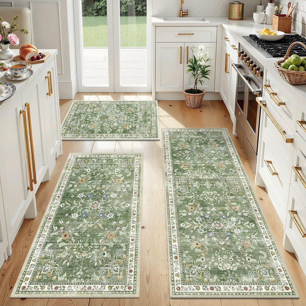 Yamaziot 2x3+2x4+2x5Ft Washable Kitchen Rug Set of 3 Non Slip, Sage Green