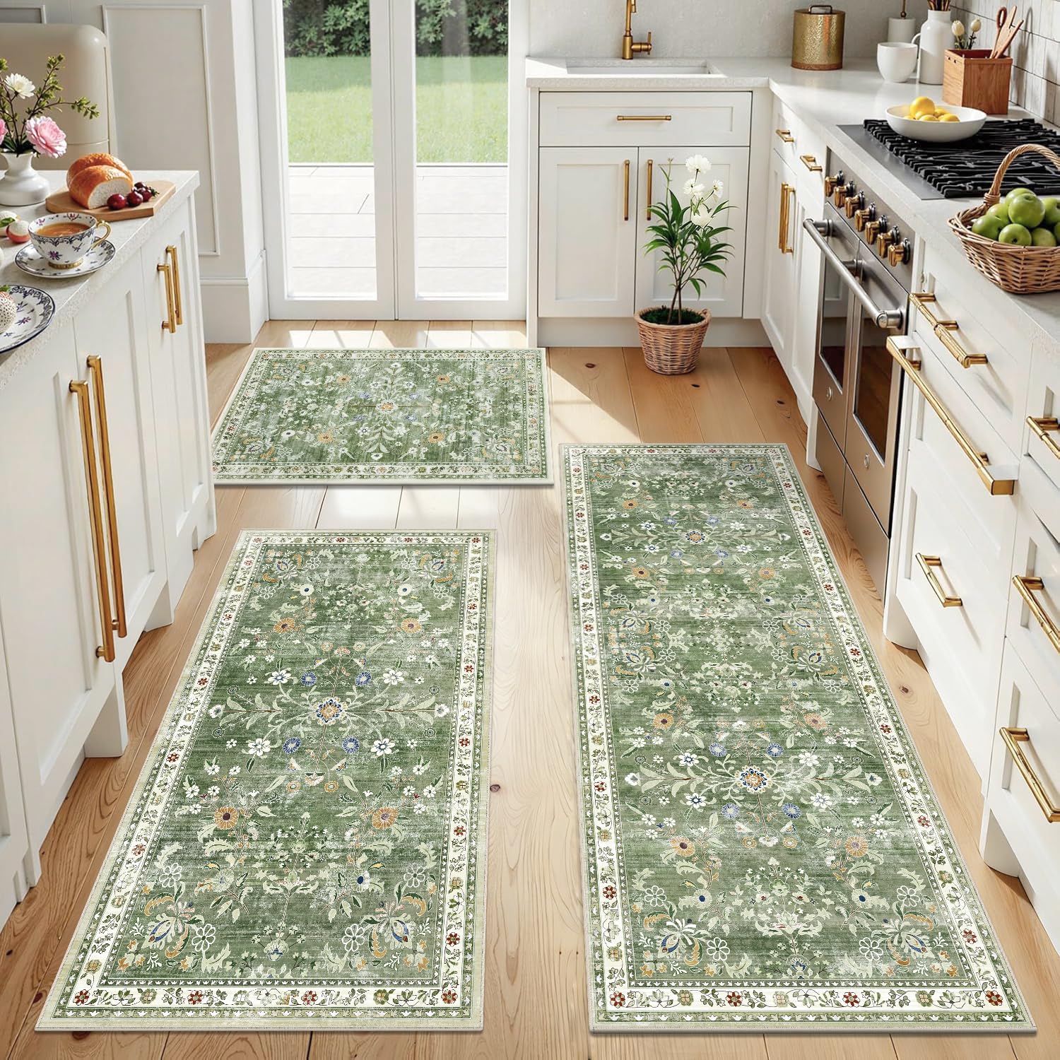 Yamaziot 2x3+2x4+2x5Ft Washable Kitchen Rug Set of 3 Non Slip, Sage Green