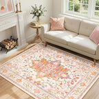 RELEANY Area Rugs 4'x6' Washable Non-Slip, Floral Vintage Distress Print Pattern Medallion Carpet for Living Room Bedroom Dining Room, Light Pink Colorful