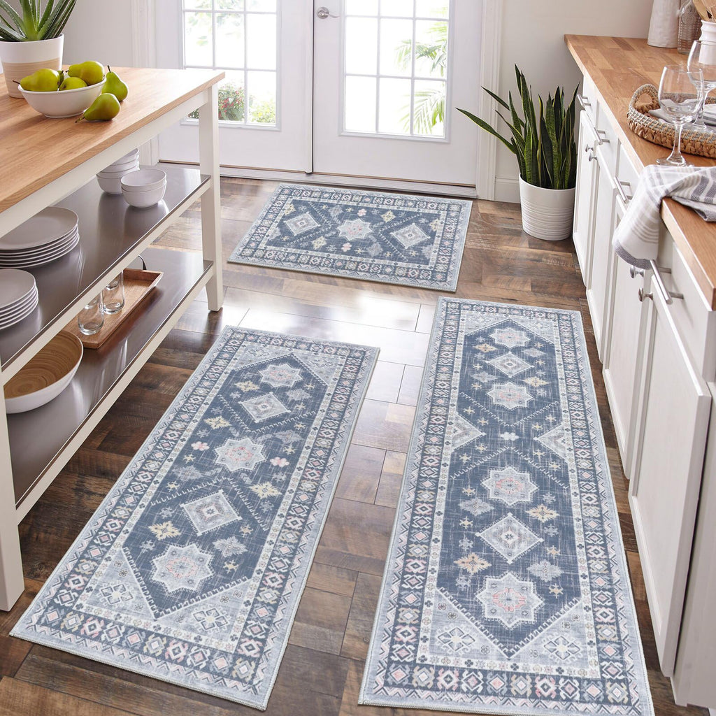 HEBE Boho Kitchen Rugs Set of 3, Non Slip Washable Kitchen Mats for Floor