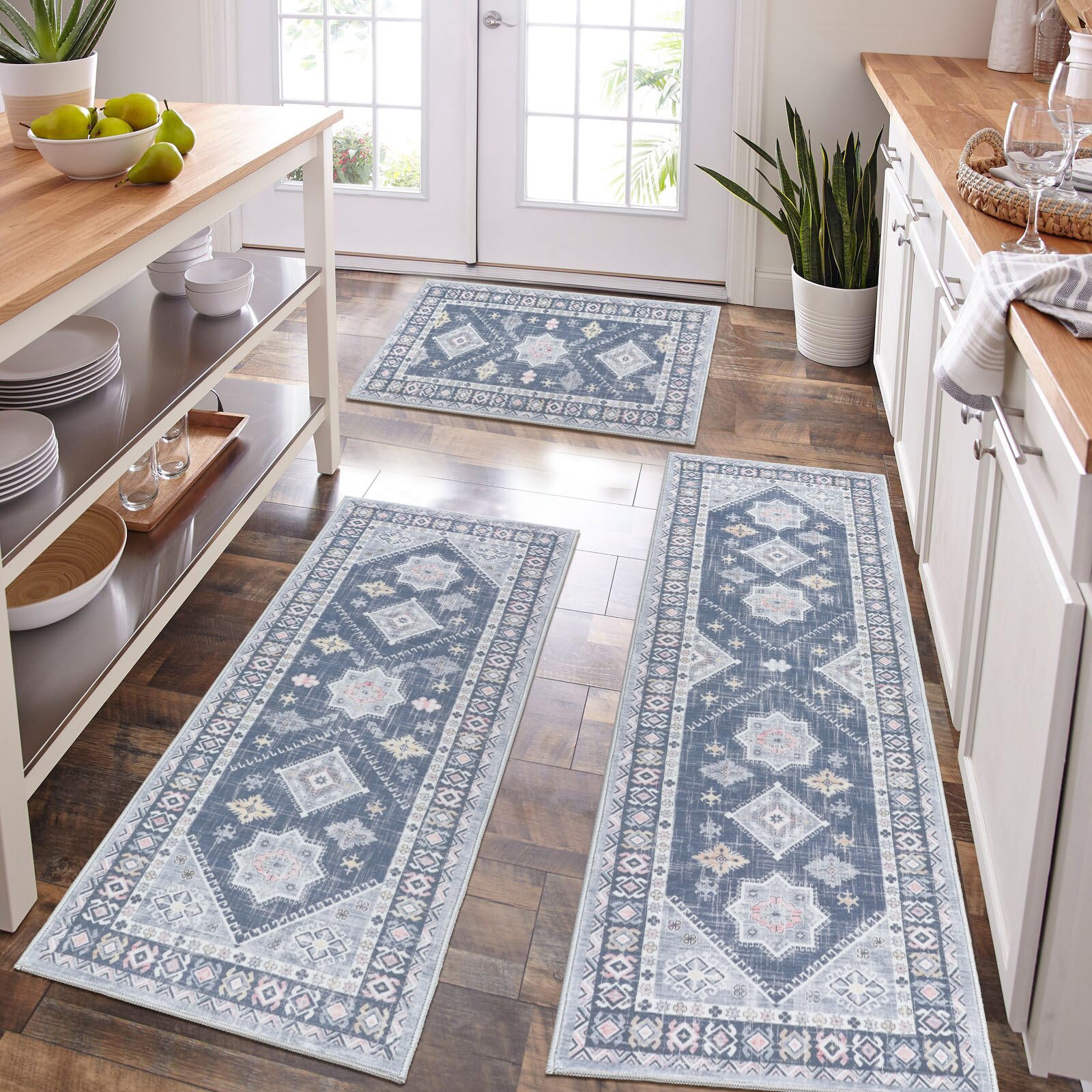 HEBE Boho Kitchen Rugs Set of 3, Non Slip Washable Kitchen Mats for Floor