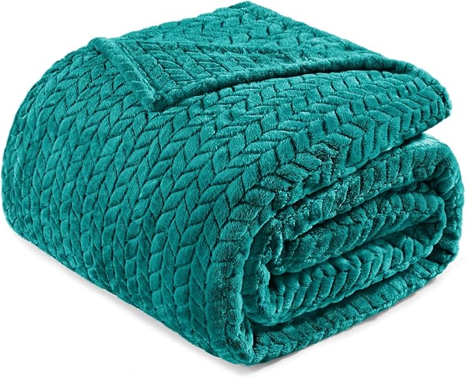 Exclusivo Mezcla Fleece Queen Size Blanket for Bed, 90x90 Inches Soft Cozy Jacquard Flannel Blankets, Lightweight Fuzzy Plush for Women, Teal