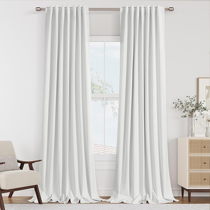 Guken White 100% Blackout Linen Curtains 102 Inch Length 2 Panels Set for Living Room Bedroom Back Tab Rod Pocket Thermal Insulated Black Out Drapes Room Darkening Farmhouse Window Curtains,52x102