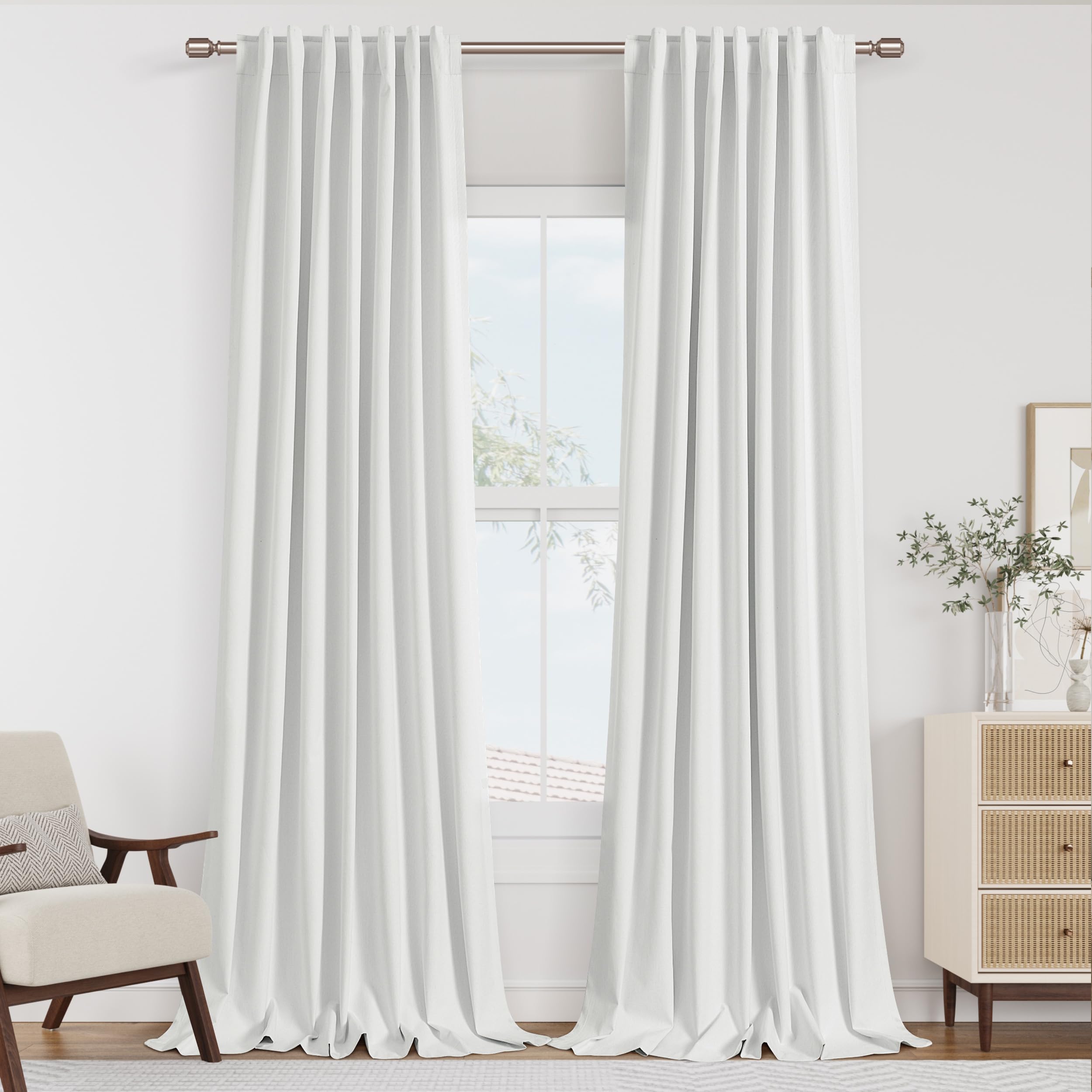 Guken White 100% Blackout Linen Curtains 120 Inch Length 2 Panels Set for Living Room Bedroom Back Tab Thermal Insulated Black Out Drapes Room Darkening Farmhouse Window Curtains 52x120