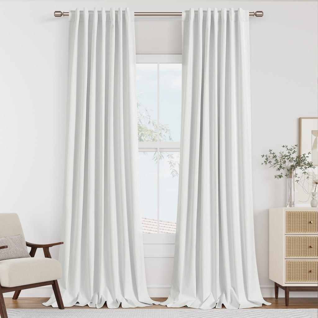Guken White 100% Blackout Linen Curtains 90 Inch Length 2 Panels Set for Living Room Bedroom Back Tab Thermal Insulated Black Out Drapes Room Darkening Farmhouse Window Curtains 90 Inches Long