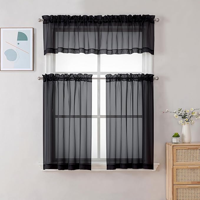 Chyhomenyc Black Sheer Tier Curtains 24 Inch Length, Small Window Curtains Treatment for Bathroom/Living Room/Cafe/Basement, Short Voile Curtain Tiers, 42W x 24L, Rod Pocket, 2 PCS