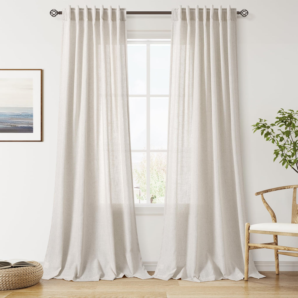 Nanspring Mist Sage Linen Curtains Semi Sheer 96 Inches Long 2 Panels Set for Living Room Back Tab Rod Pocket Light Filtering Drape for Bedroom Modern Farmhouse Coastal Decor Protect Privacy 52x96 — 기타