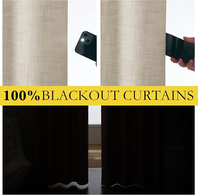 NICETOWN Taupe 100% Blackout Linen Curtains 102 inch Long Burg, Farmhouse Thick Completely Blackout Window Treatment Panels Thermal Insulated Drapes for Living Room (1 Pair, 52" Width Each Panel)