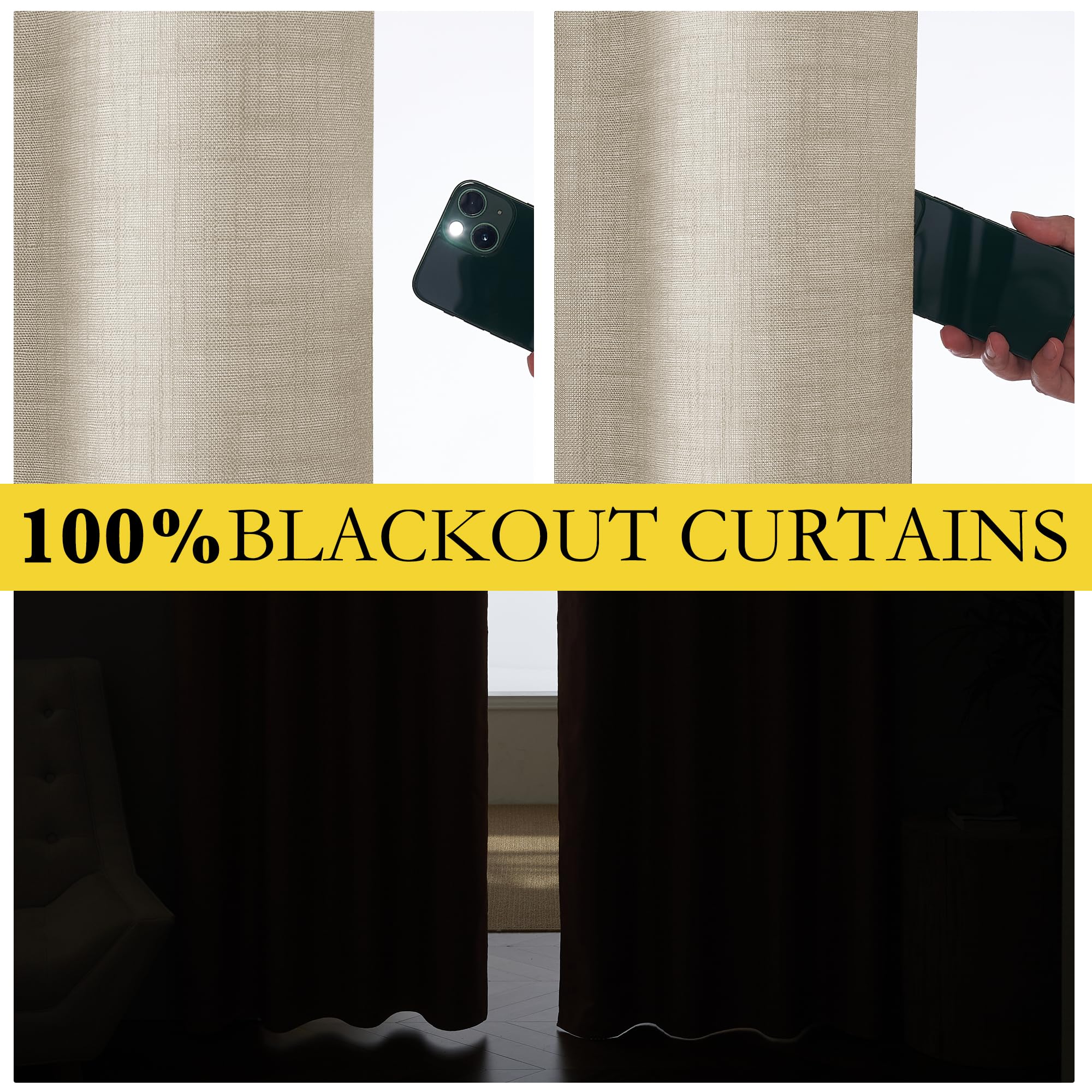 NICETOWN Taupe 100% Blackout Linen Curtains 108 inch Long Burg, Farmhouse Thick Completely Blackout Window Treatment Panels Thermal Insulated Drapes for Living Room (1 Pair, 52" Width Each Panel)