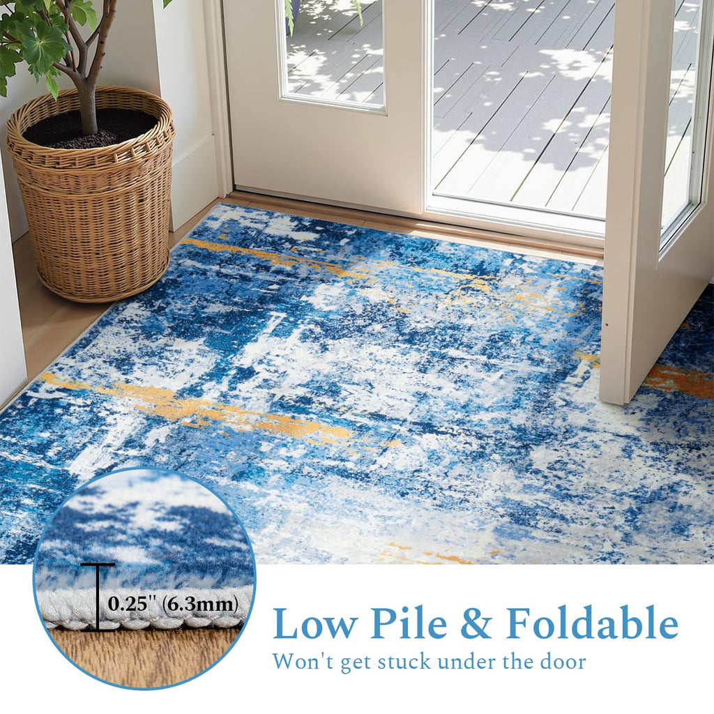Rugflix 8x10 Area Rugs for Living Room, Washable Sky Blue Gold Large Rug