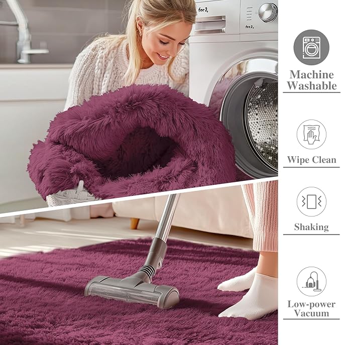 OLANLY 2x3 Machine Washable Small Bedside Rug, Soft Fluffy Shaggy Entryway Throw Rugs for Bedroom, Living Room, Indoor Floor Carpet for Kids Girls Boys, Nursery Rooms, Home Decor Aesthetic, Burgundy