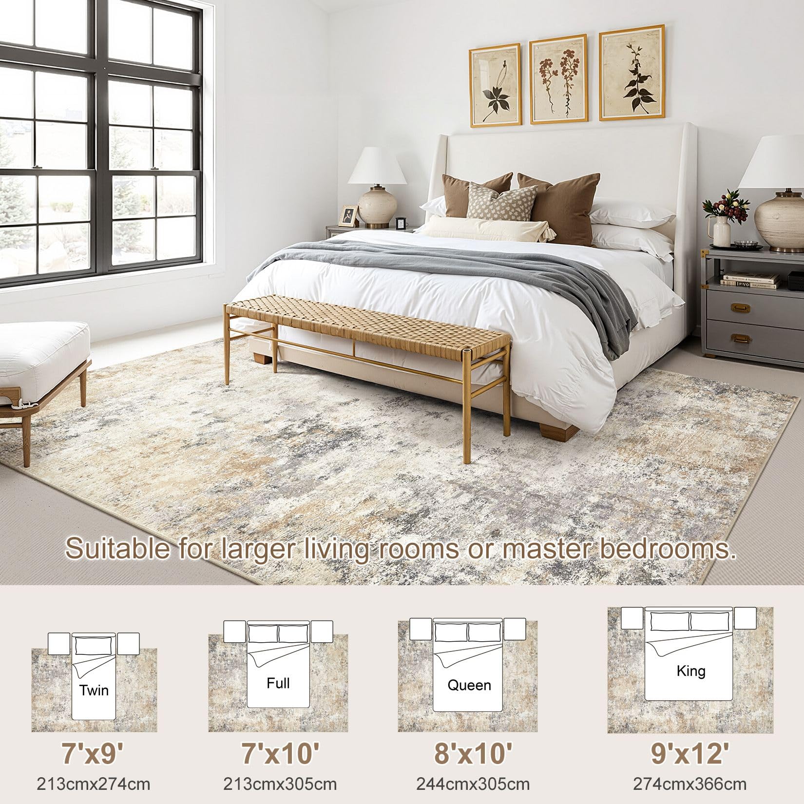 UERMEI 7x9 Area Rug Living Room Rugs - Washable Neutral Modern Abstract Soft Thin Large Rug Indoor Floor No Slip Rug Carpet for Bedroom Under Dining Table Home Office Decor - Golden Grey