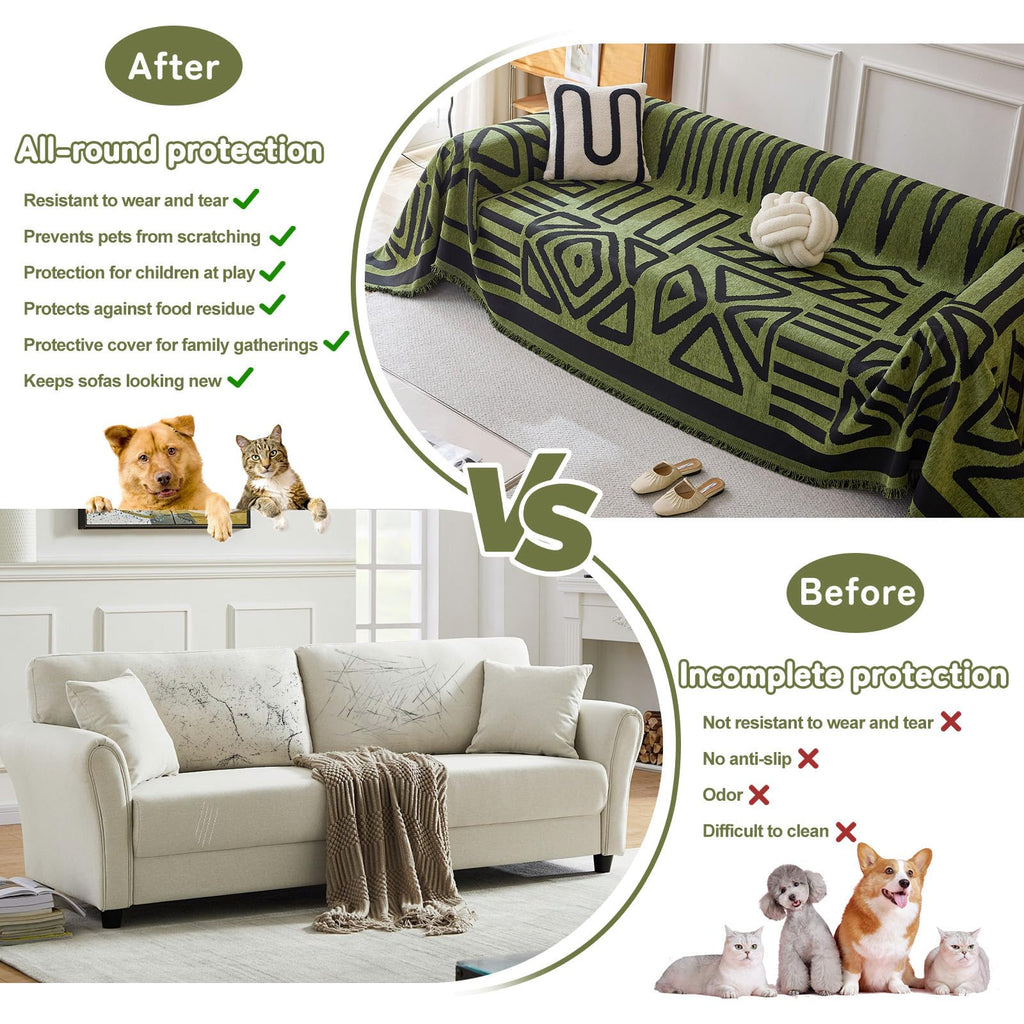 HANDONTIME Boho Geometric Couch Covers for Sofa Pet Friendly Avocado and Black Sofa Covers Washable Chenille Couch Blanket Cover for 3 4 Cushion Couches Pet Protector Furniture Cover Soft, 71" X 134"