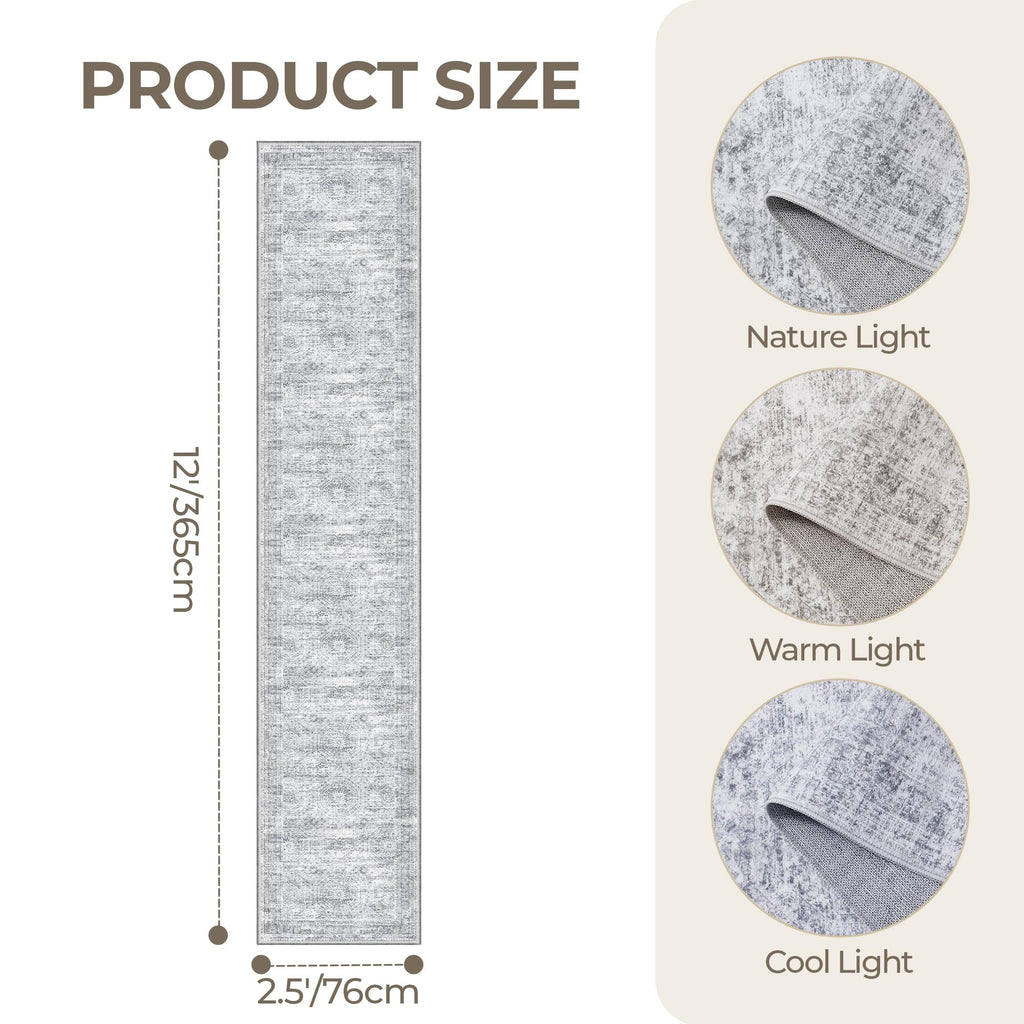 Restydon 2'6 x 12' Runner Rug Non Slip,Washable Kitchen Rugs,Grey