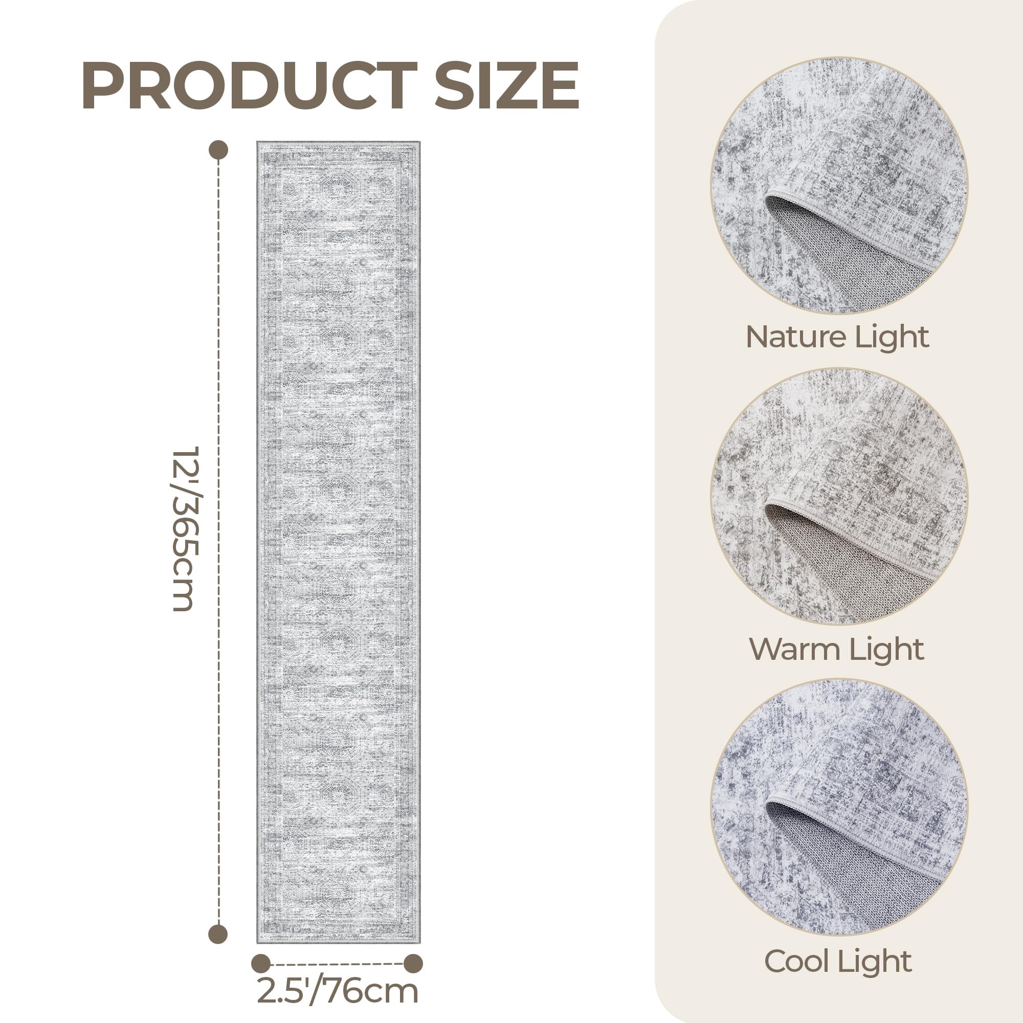 Restydon 2'6 x 12' Runner Rug Non Slip,Washable Kitchen Rugs,Grey