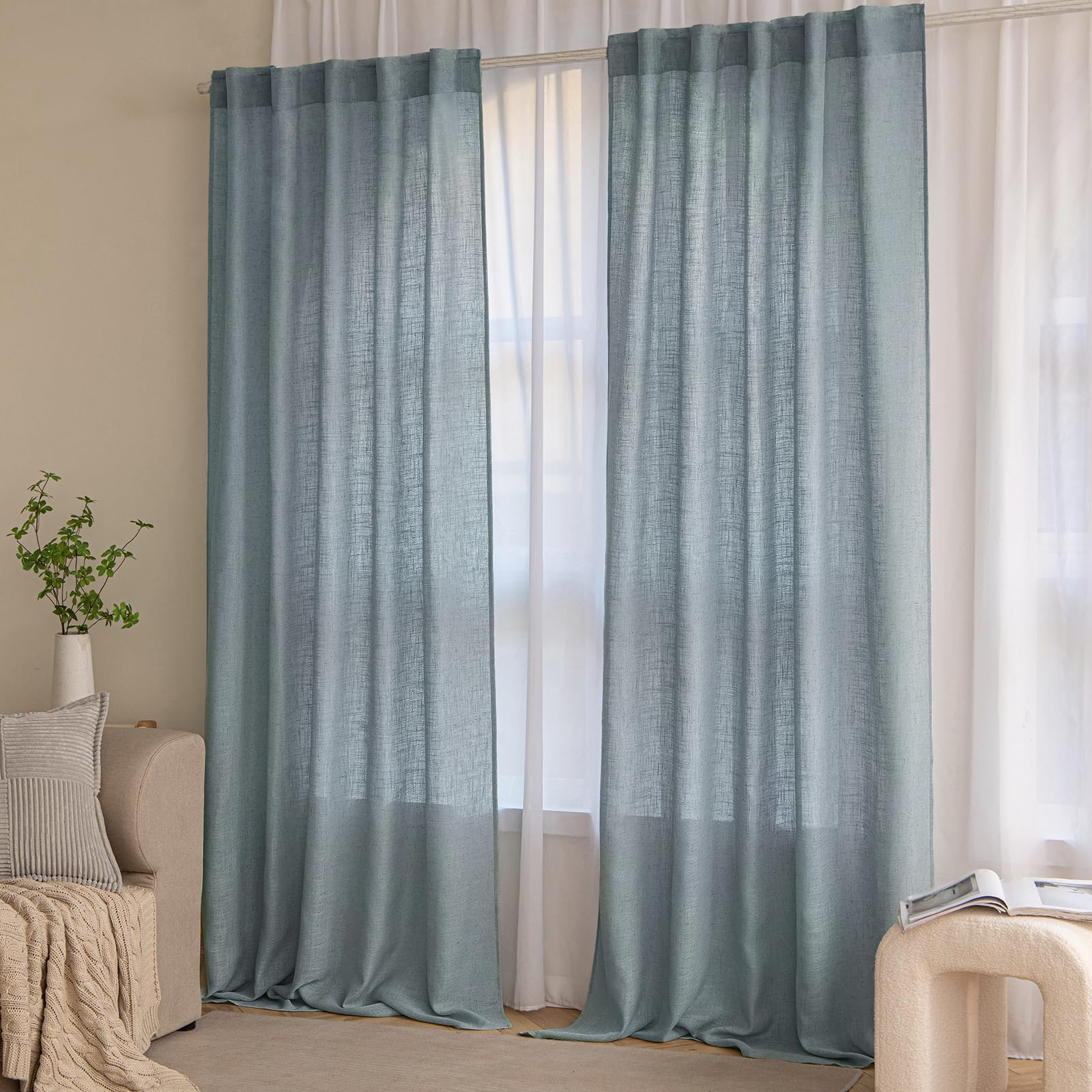 MIULEE Dusty Blue Linen Curtains 52x108 Inch Long Soft Thick Linen Textured