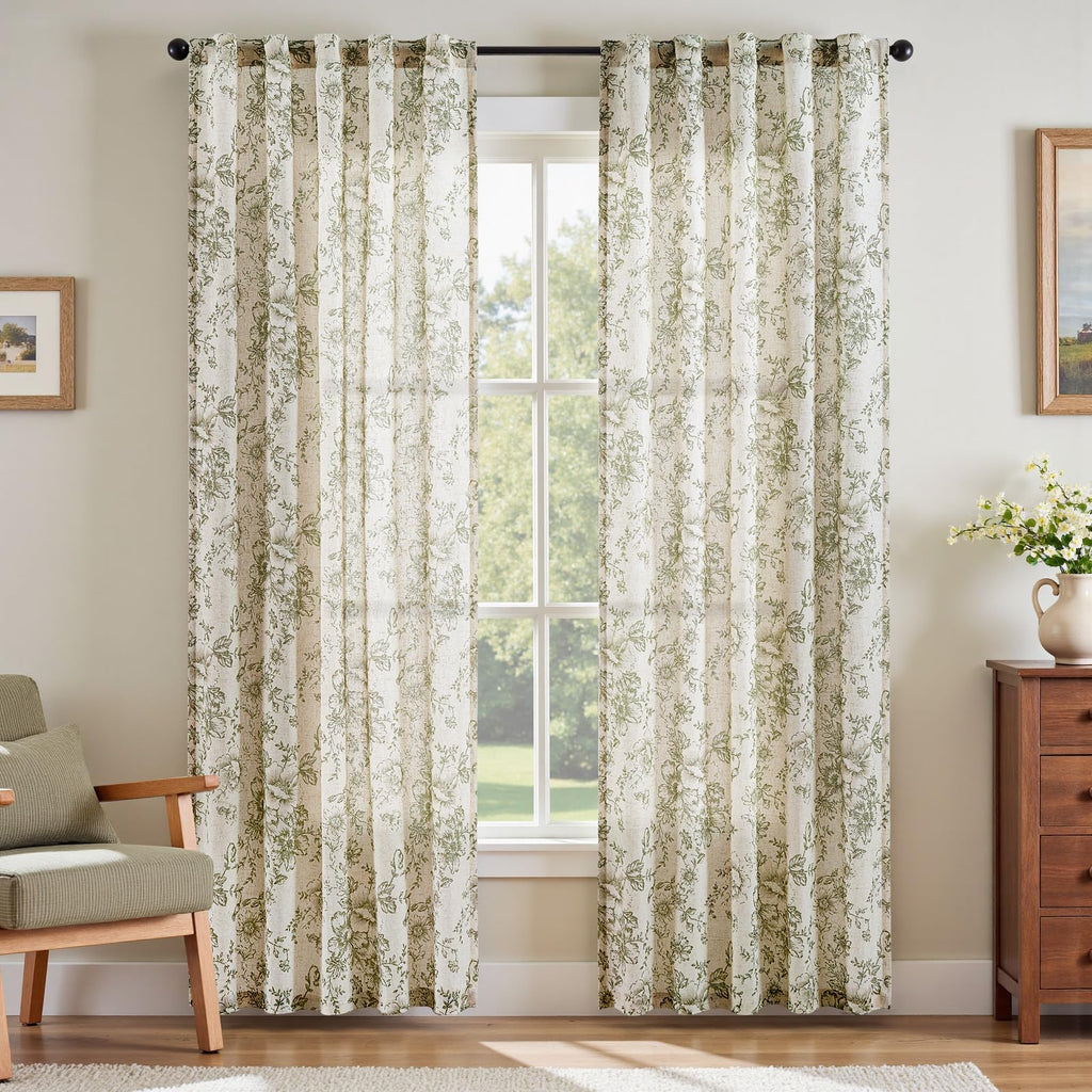 jinchan Vintage Floral Linen Curtains 84 Long for Living Room 2 Panels