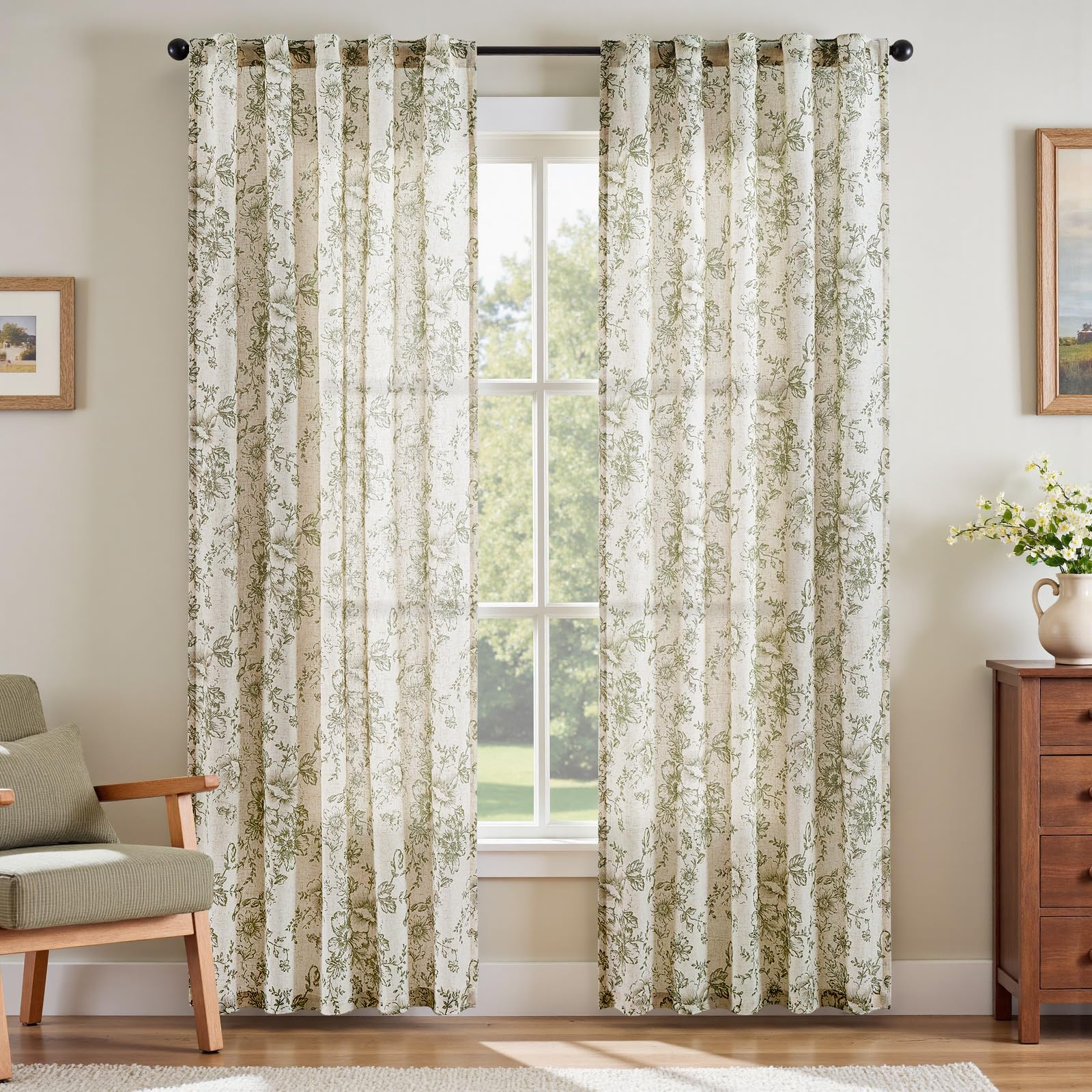 jinchan Vintage Floral Linen Curtains 84 Long for Living Room 2 Panels