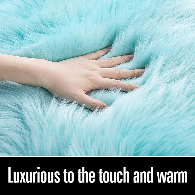 LOCHAS Soft Fluffy Faux Fur Rugs for Bedroom Bedside Rug 2x4 Feet, Washable, Furry Sheepskin Area Rug for Living Room Girls Room, Luxury Shag Carpet Home Decor, Blue