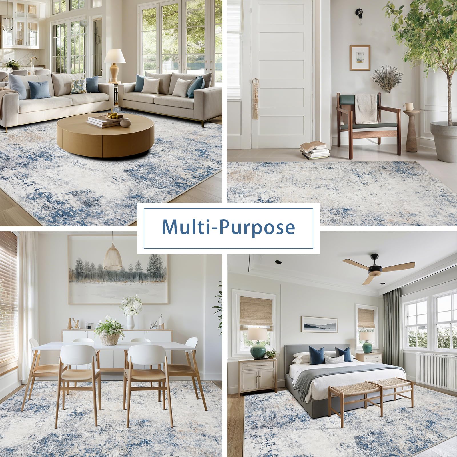 8x10 Washable Area Rugs for Living Room,Bedroom,Dining Room- Blue Beige