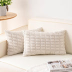 Pack of 2 Corduroy Decorative Throw Pillow Covers 12x20 InchSoft Boho Striped Pillow Covers Modern Farmhouse Home Decor for Sofa Living Room Couch Bed（Cream White）