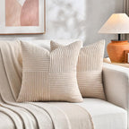 Fancy Homi 2 Packs Tan Decorative Throw Pillow Covers 16x16 Inch for Living Room Couch Bed Sofa, Farmhouse Boho Home Decor, Soft Corss Patchwork Corduroy Textured Square Beige Cushion Case 40x40 cm