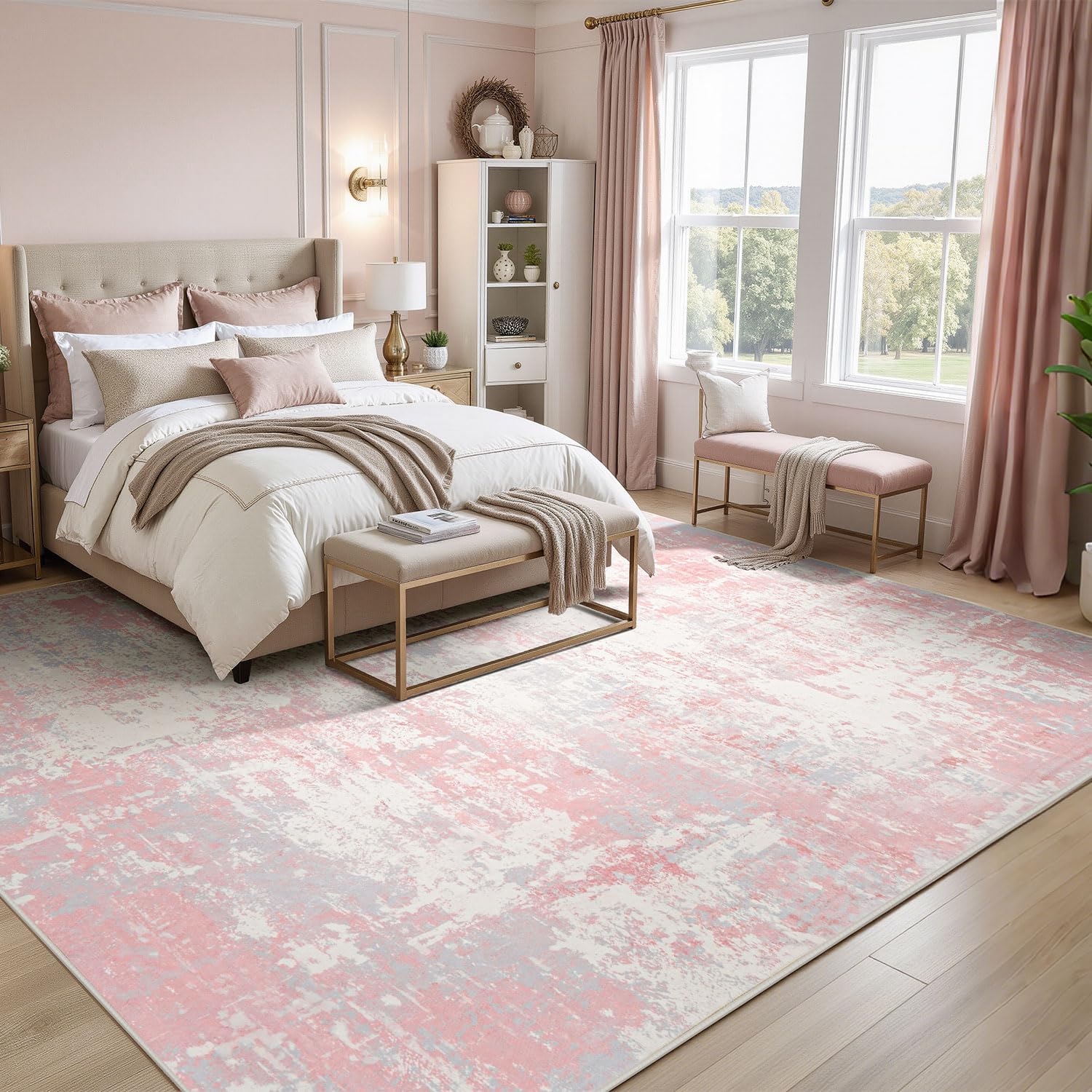 Rugflix 8x10 Area Rugs for Bedroom, Washable Pink Large Rug