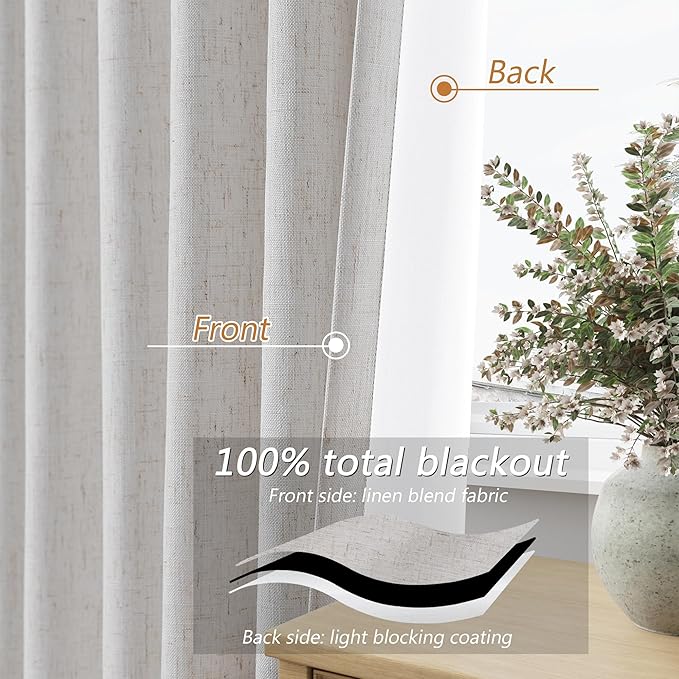 Guken 108 Inch Long Natural 100% Blackout Curtains for Living Room Bedroom Back Tab Thermal Insulated Netural Farmhouse Black Out Linen Drapes Room Darkening Window Curtain 2 Panels Set, 9 FT