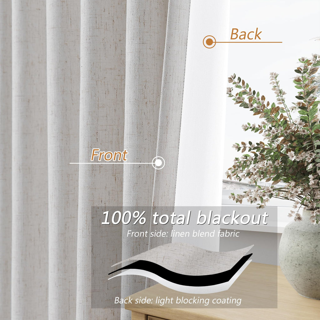 Guken 90 Inch Long Natural 100% Blackout Linen Curtains for Living Room Back Tab Rod Pocket Modern Farmhouse Thermal Insulated Drapes for Bedroom Black Out Window Curtain 2 Panels, 52x90