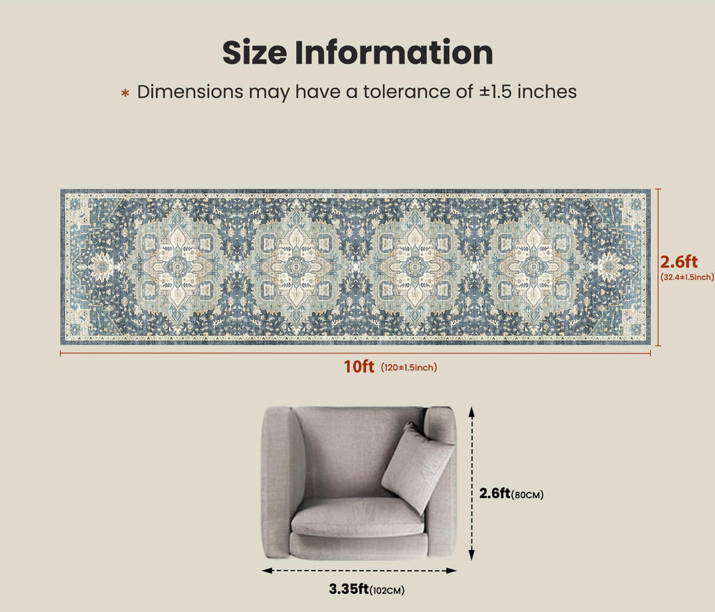 AMADA HOMEFURNISHING 2'6"x10' Washable Area Rug, Low-Profile Entryway Rug with Non-Slip Backing & Durable Edge Binding, Vintage Rug Pattern, Small Rugs for Entryway, Kitchen & Living Room