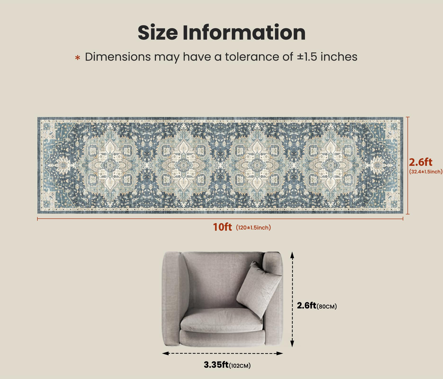 AMADA HOMEFURNISHING 2'6"x10' Washable Area Rug, Low-Profile Entryway Rug with Non-Slip Backing & Durable Edge Binding, Vintage Rug Pattern, Small Rugs for Entryway, Kitchen & Living Room