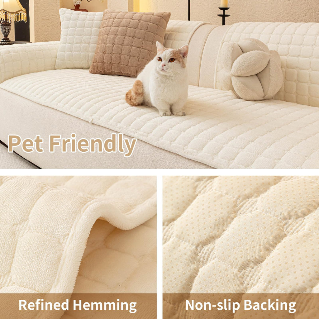 MDSASFD Velvet Couch Covers for Dogs, Dog Sectional Couch Covers, Pet Couchs Cover for 3-4 Seater, Couchs Protector for Dogs, Sectional Sofa Cover for Pet Washable(1PC,Beige White,27.6"×82.7")