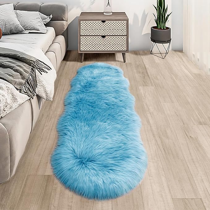 Tangsoo 2x6 Sky Blue Faux Fur Rug,Soft Sheepskin Runner Rug for Bedroom