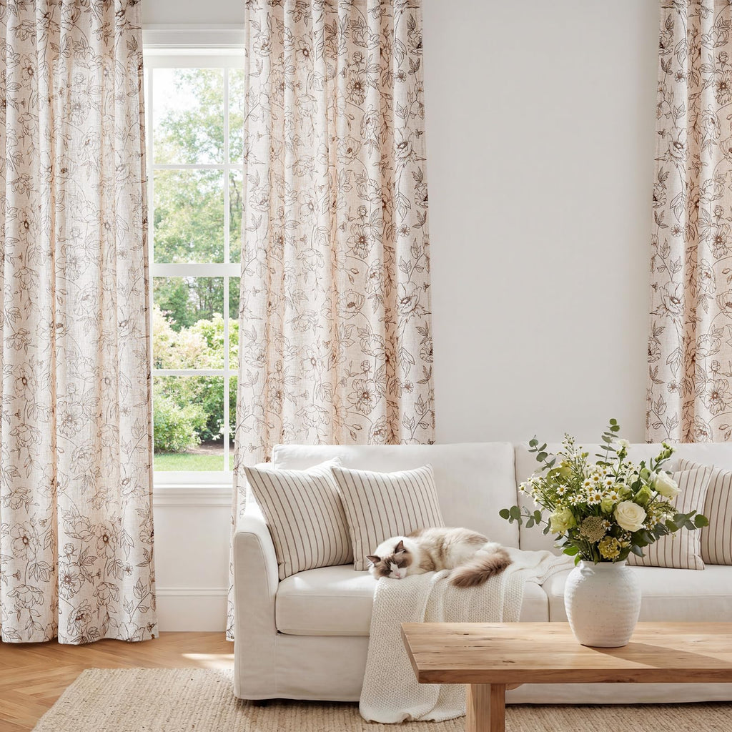 jinchan Floral Linen Curtains for Living Room 84 Inch Length Brown Flower Curtain Rod Pocket Back Tab Farmhouse Curtains with Printed Floral Bedroom Window Curtain Set, 2 Panels Brown