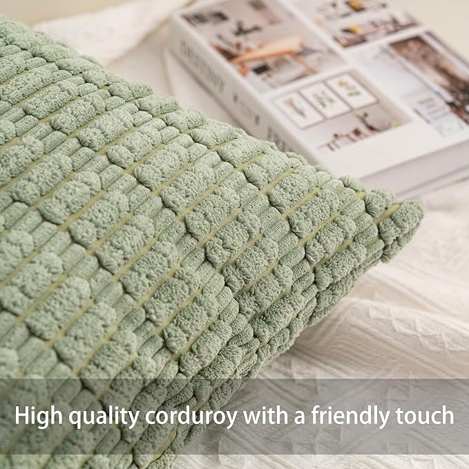 Pack of 2 Corduroy Decorative Throw Pillow Covers 18x18 InchSoft Boho Striped Pillow Covers Modern Farmhouse Home Decor for Sofa Living Room Couch Bed（Sage Green）