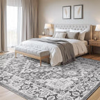 Lofus 9x12 Area Rugs for Living Room, Washable Area Rug, Rugs for Bedroom, Kitchen Rug, Vintage Boho Carpet, Soft Non-Slip, Low Pile Large Area Rug for Office Dining Room, Floral Grey