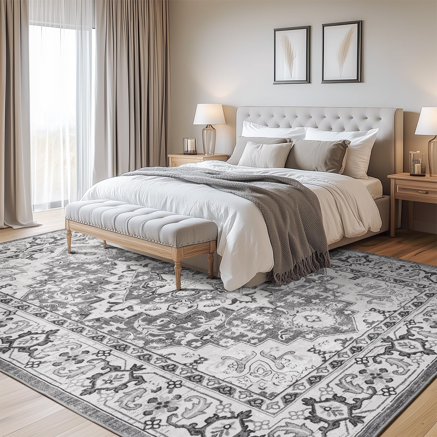 Lofus 6x9 Area Rugs for Living Room Bedroom, Soft Boho Carpet Floral Grey