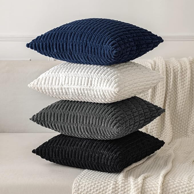 MIULEE Pack of 2 Corduroy Decorative Euro Sham Throw Pillow Covers 26x26 Inch Soft Boho Striped Pillow Covers Modern Farmhouse Home Decor for Summer Coastal Sofa Living Room Couch Bed Dark Blue