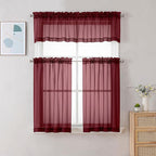 Chyhomenyc Sheer Valances for Windows 2 Pack, 42W x 14L inches Small Window Curtains for Living Room Bathroom Cafe Laundry Basement, Modern Top Dual Rod Pocket Voile Curtain, Burgundy
