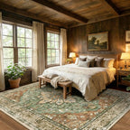 Area Rugs 9'x12' Washable Non-Slip, Floral Vintage Distress Print Pattern Medallion Carpet for Living Room Bedroom Dining Room, Brick Red Rust Neutral Brown Burnt Orange Green
