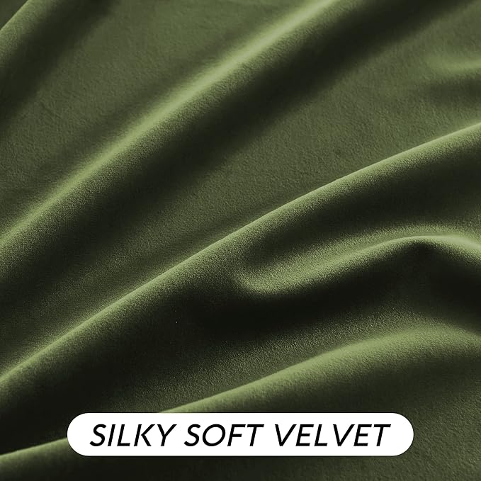 RYB HOME Olive Green Velvet Curtains with Hook Tape, Thermal Insulated Privacy Protect Decorative Drapes for Sliding Glass Door, W 62 x L 90 inches, 2 Panels Set