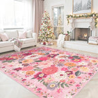 Pink Floral Girls Room Rug 5x7, Non-Slip Washable Rugs for Bedroom Living Room Nursery Kitchen Dining Room Indoor, Ultra-Thin Soft Stain Resistant Girls Room Decor(5 x 7, Pink Garden)
