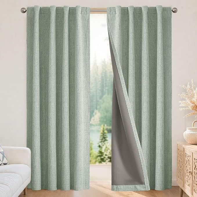 Joydeco Blackout Curtains for Bedroom - 100% Light Blocking 2 Panels Sage Green Drapes 42" W x 90" L, Thermal Insulated Room Darkening Curtains, Linen Textured for Living Room, Rod Pocket & Back Tabs