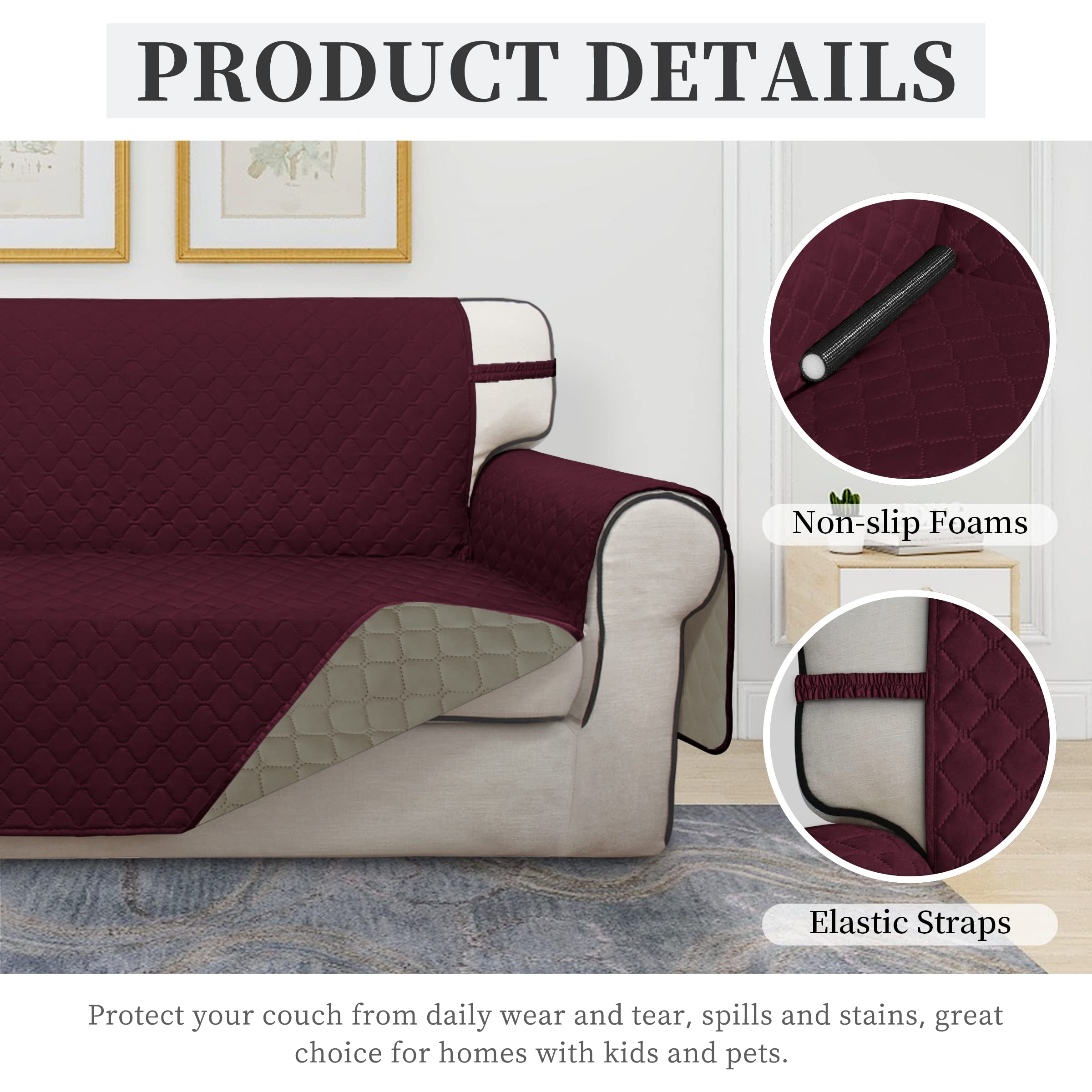 ISSUNTEX Double Protection 100% Waterproof Sofa Covers for Living Room, Reversible Couch Covers for 3 Cushion Couch Sofa, Furniture Protector Sofa Cover for Pets (X Large, Wine/Beige)