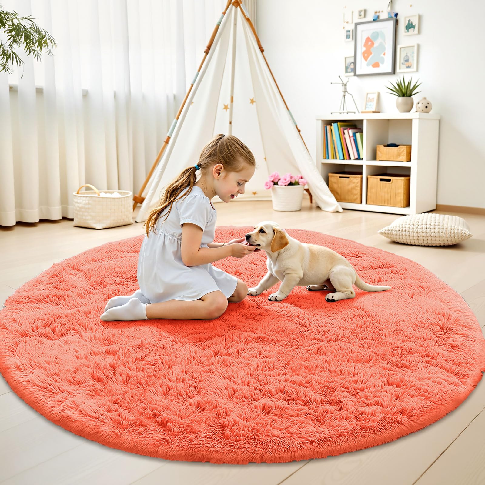 OLANLY Coral Red Round Rugs for Bedroom - Machine Washable, 8 ft Circle Area Rugs for Living Room, Soft and Fluffy Shaggy Carpet for Teen Girl and Boys, Nursery Rooms, Dorms, Home Decor Aesthetic