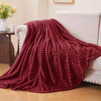BEDELITE 3D Ribbed Burgundy Fleece Throw Blanket for Couch, 50x60 Inch