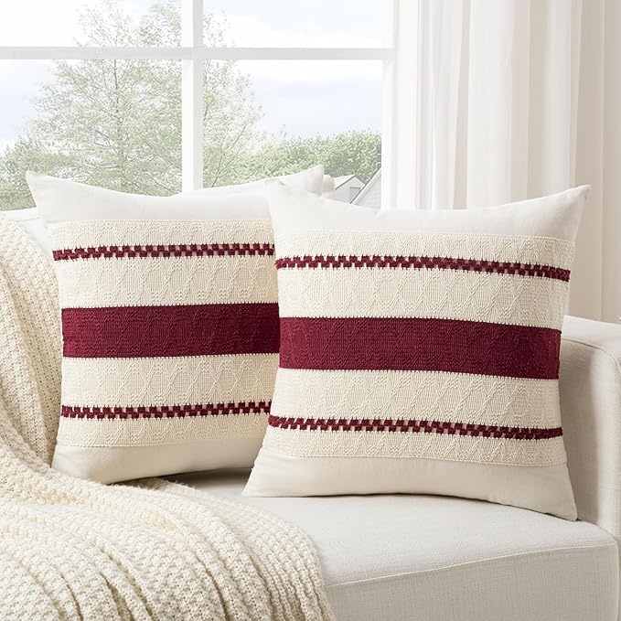 Fancy Homi Set of 1 Burgundy Boho Decorative Throw Pillow Covers 16x16 Inch for Couch Bed Sofa, Aesthetic Modern Farmhouse Christmas Room Decor, Soft Cotton Cute Textured Wind Red Cushion Case